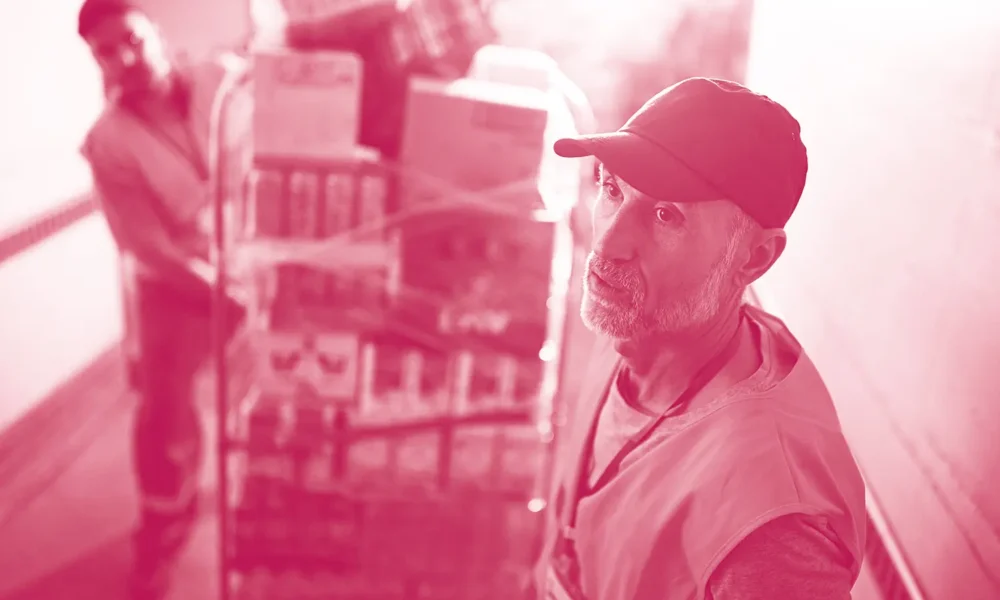 Warehouse worker, pulling a huge cart of boxes and packages.